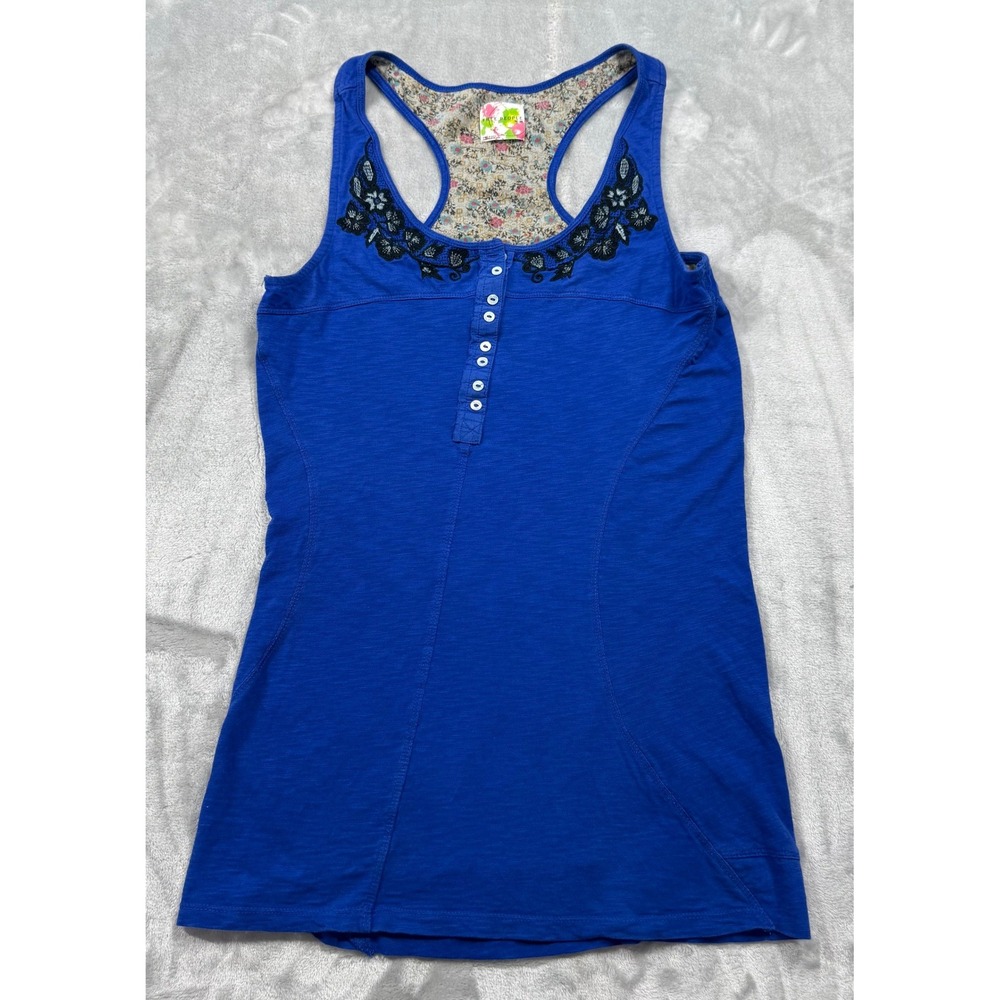 VTG Free People Blue Henley Tank Top Embroidered Racerback  Womens M Y2K